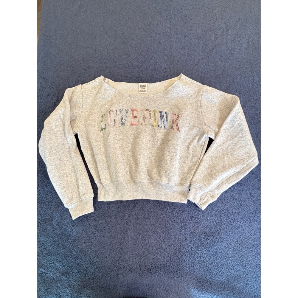 Victoria's Secret PINK Sweatshirt Gray Rainbow Rhinestone Off Shoulder Crop S